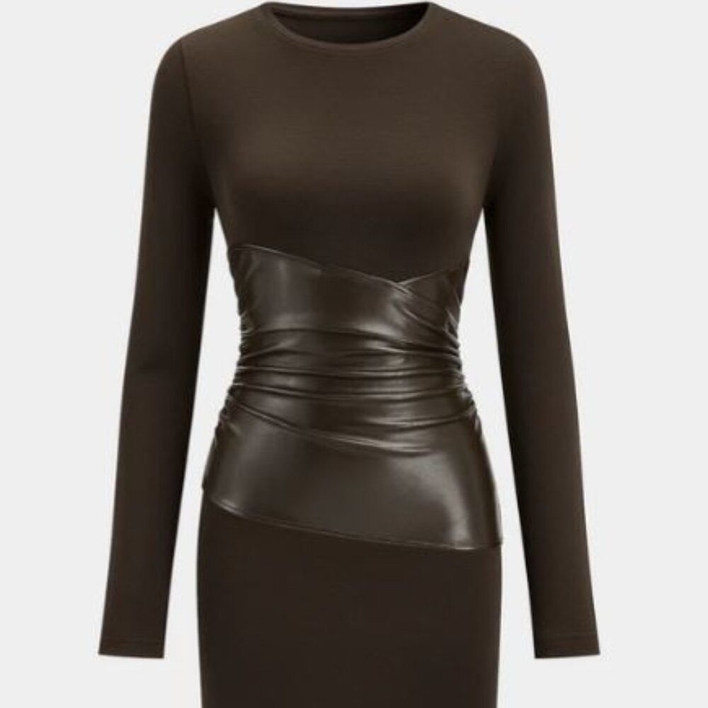 NWT Commense PU Leather Panel Long Sleeve Mini Dress Brown XS Bodycon